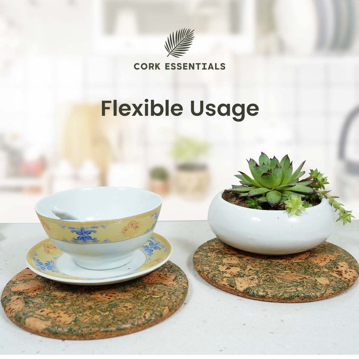 Cork placemats with a bowl and plant on a blurred background, featuring Cork Essentials branding.