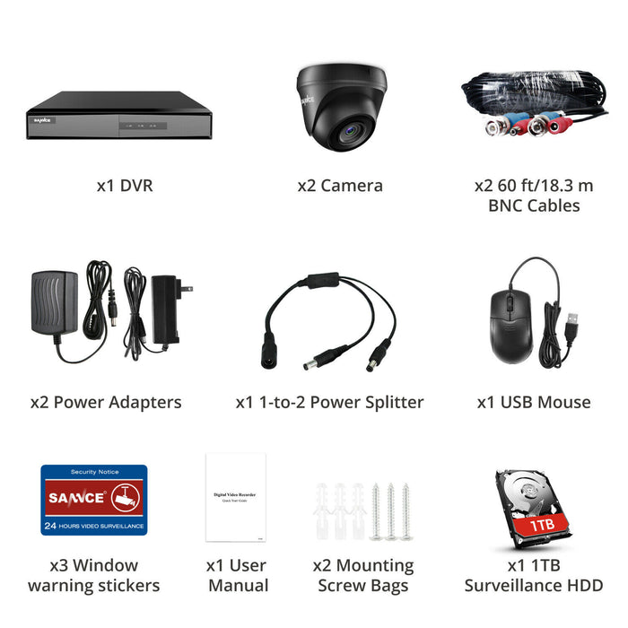 SANNCE 1080P Video Wired Security 2 Camera System, 4CH 5in1 DVR Home Night Outdoor