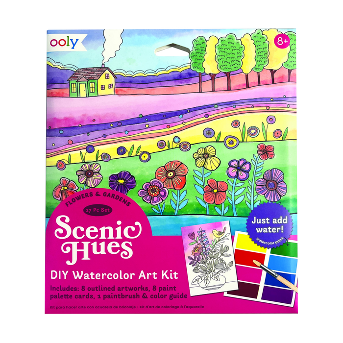 Flowers and Gardens Scenic Hues DIY watercolor art kit front of packaging