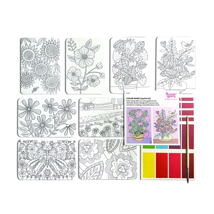 Flowers and Gardens Scenic Hues DIY watercolor art kit contents