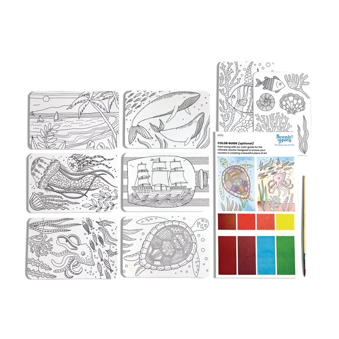 Ocean Paradise Scenic Hues DIY watercolor art kit contents
