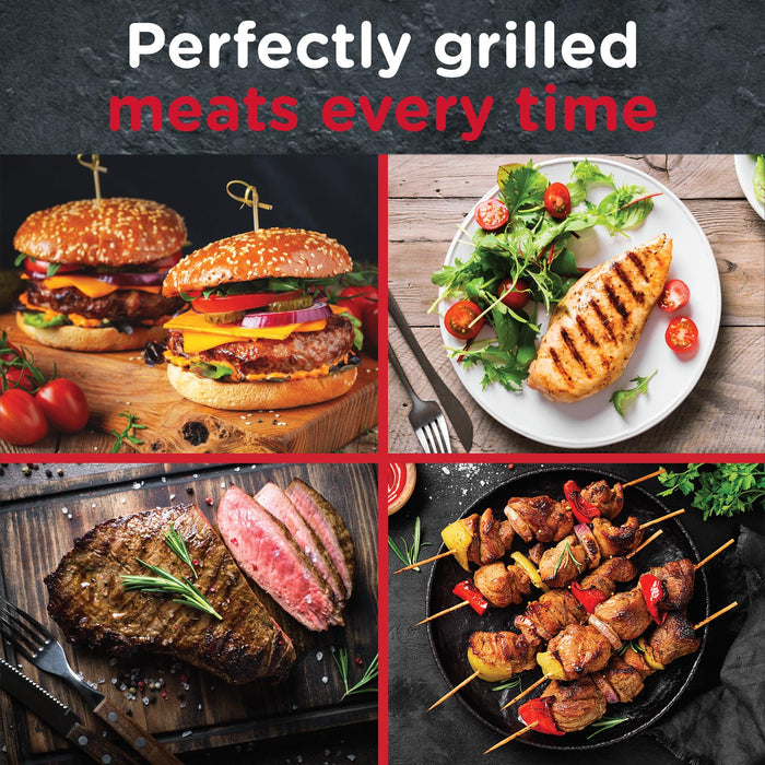 Collage of grilled meats including burgers, chicken, steak, and skewers with text 'Perfectly grilled meats every time'. - Buy Now Panini Press, Sandwich Toaster & Health Grill