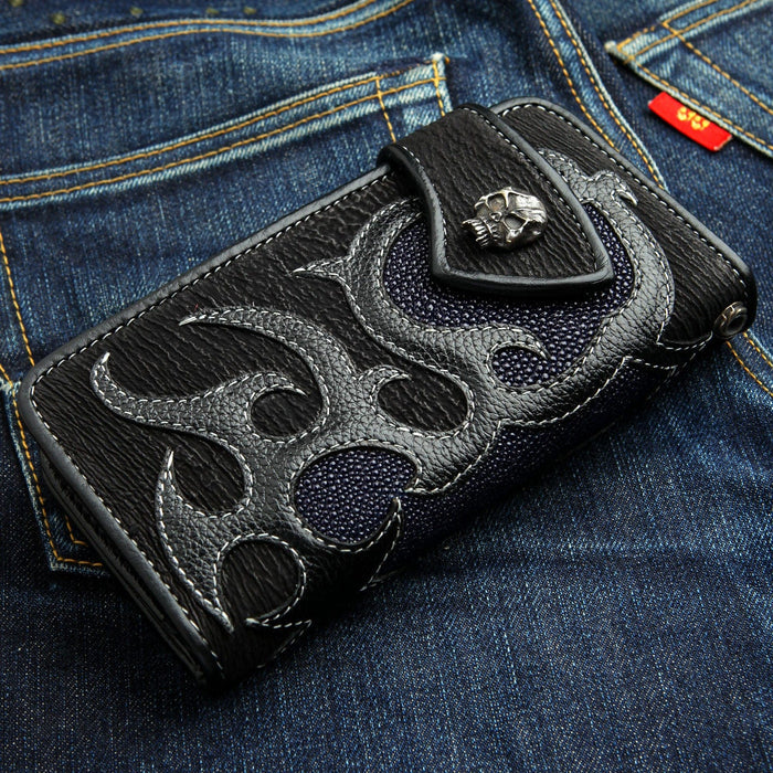 A premium long biker wallet handcrafted from a unique combination of exotic leathers, including shark skin and stingray.