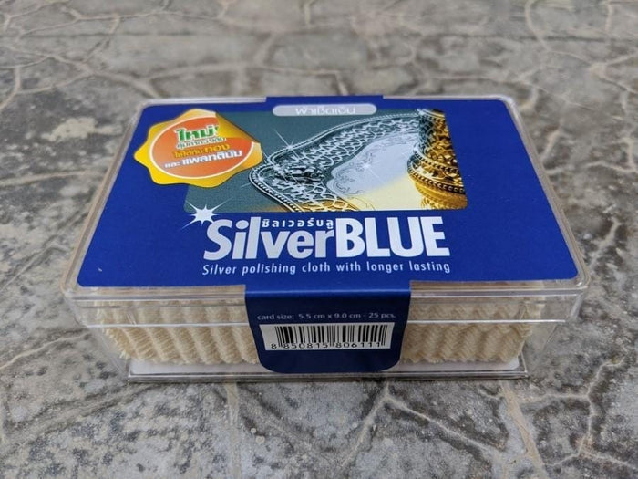 SilverBlue sterling silver polishing cloth box front view showing 25 pieces with anti-tarnish formula label