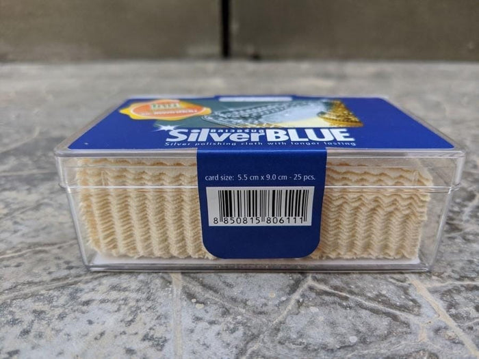 SilverBlue polishing cloth package showing 5.5cm x 9cm cloth size and 25 piece count with barcode