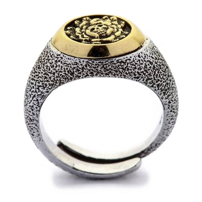 Top-down look into the adjustable open shank of the skull and rose ring with its gold signet face