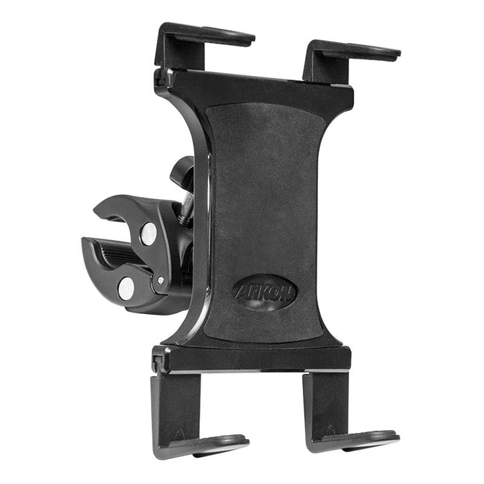 The Slim-Grip® Tablet Mount with Clamp Base is a black adjustable holder that secures phones or tablets to surfaces like handlebars or poles, features cushioned grips, and has the Arkon brand on the front.