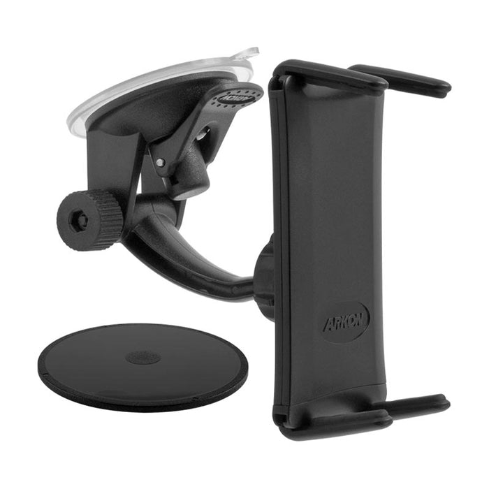 Slim-Grip® Ultra Windshield or Dash Phone Car Mount for iPad, Note, and more features a suction cup base, adjustable arm, and side grips for secure device holding; shown with a round adhesive pad for dashboard mounting.