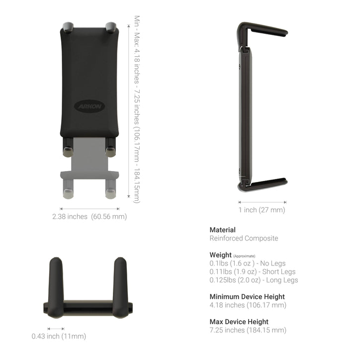 Phone Cup Holder Mount with Slim-Grip® Ultra Holder – 25mm: This black, reinforced composite device features adjustable arms to fit phones with widths of 2.38 inches and heights from 4.18 to 7.25 inches, providing durability and stability for hands-free use. Perfect as a car cup holder phone mount or for versatile mounting needs anywhere, it includes three angled views and a list of detailed dimensions.