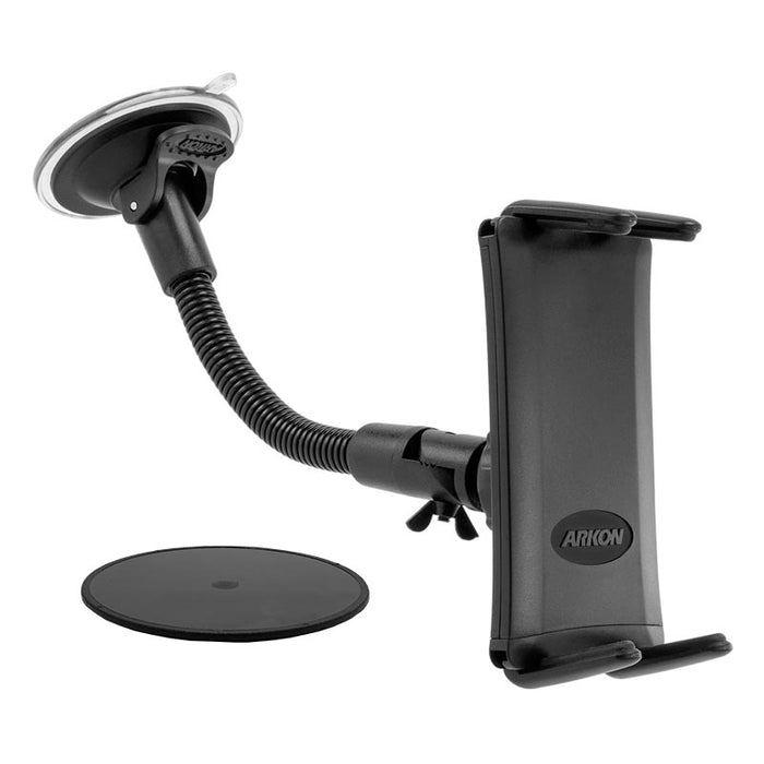 The Slim-Grip® Ultra Windshield Phone Car Mount with 8.5 Inch Arm features a flexible gooseneck, suction cup base, and includes a circular adhesive dashboard pad for versatile mounting in your car.