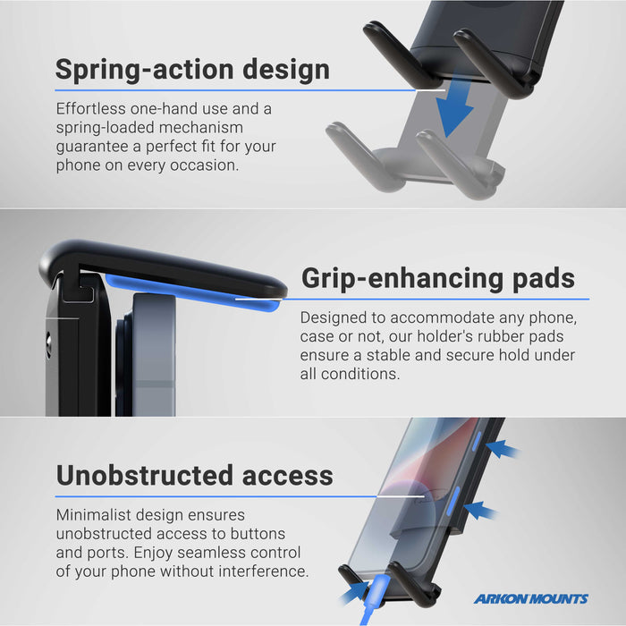 The Phone Cup Holder Mount with Slim-Grip® Ultra Holder - 25mm features a spring-action, universal design and rubberized pads for enhanced grip, along with a minimalist construction that ensures unobstructed access to your phone’s buttons and ports. Perfect for hands-free use in your car’s cup holder, this mount displays the Arkon Mounts logo on the bottom right.
