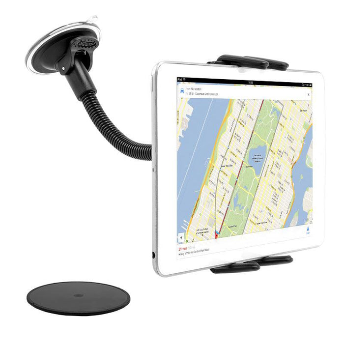 A tablet displaying a city map is held by the Slim-Grip® Ultra Windshield Phone Car Mount with 8.5 Inch Arm, featuring a flexible arm for attachment to smooth surfaces like a car windshield or dashboard.