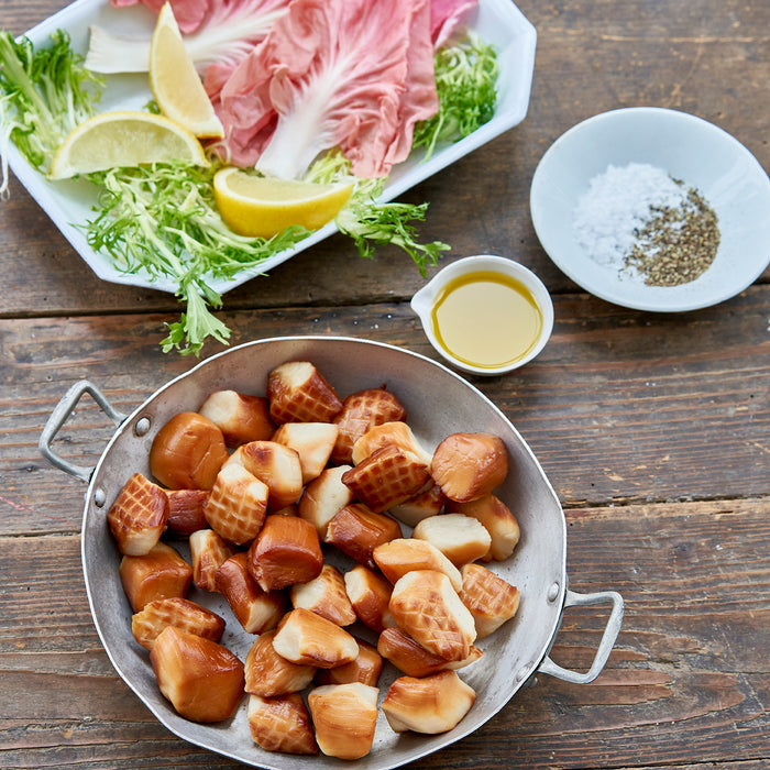 Smoked Weathervane Scallops with a side of oil, slat, pepper, and lettuce