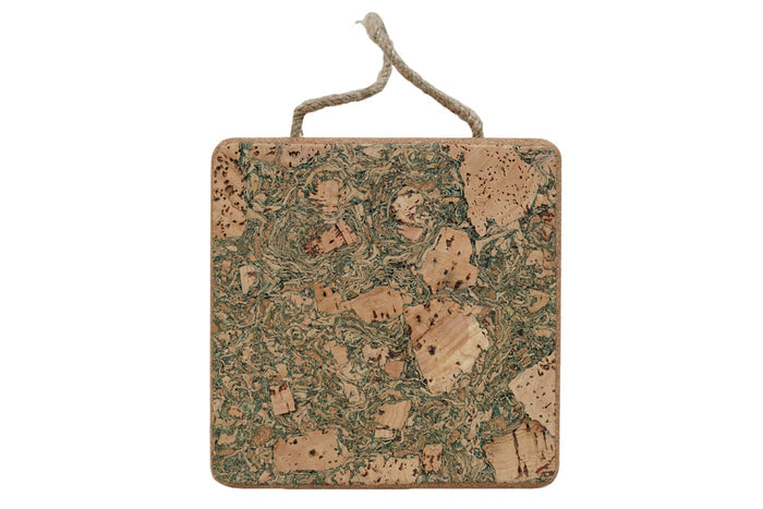 Square cork board with a rope handle on a white background