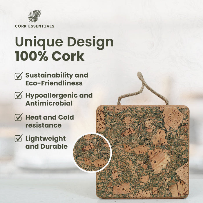Cork product with sustainability features listed on a white background