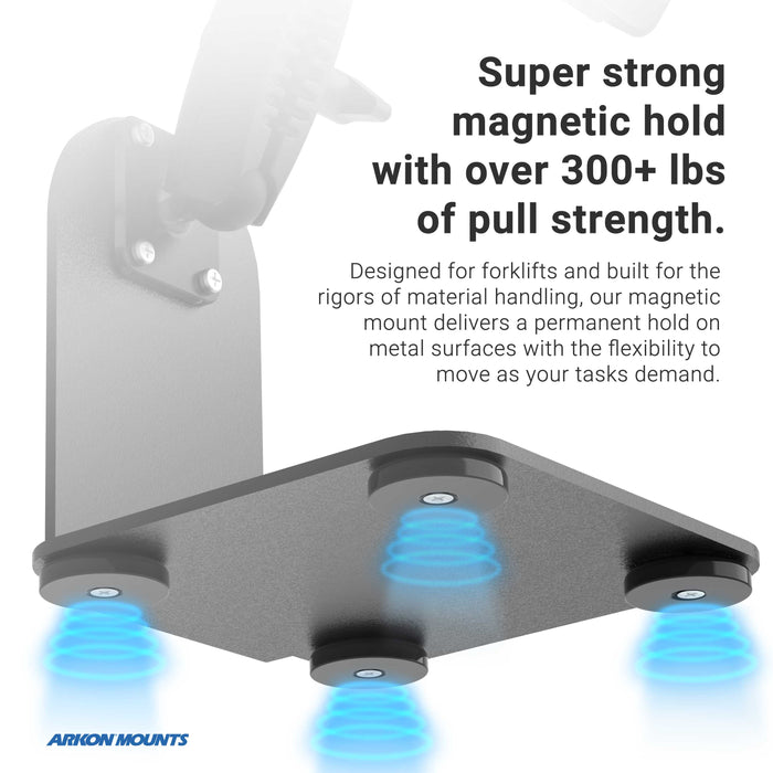The SteadyMag™ Magnetic Mount System with RoadVise® Ultra Phone Holder features three blue glowing magnets with 300+ lb pull strength, securely attaching to metal—ideal as a warehouse vehicle phone holder for forklifts and material handling.
