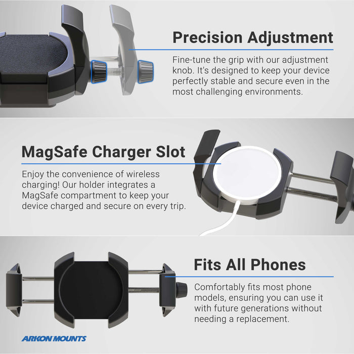 The RoadVise® Ultra Phone and Tablet Clamp Mount with 3.50” Arm features an adjustable grip, heavy-duty mount, MagSafe charger slot with white cable, precision adjustment, wireless charging support, and universal compatibility for most models.