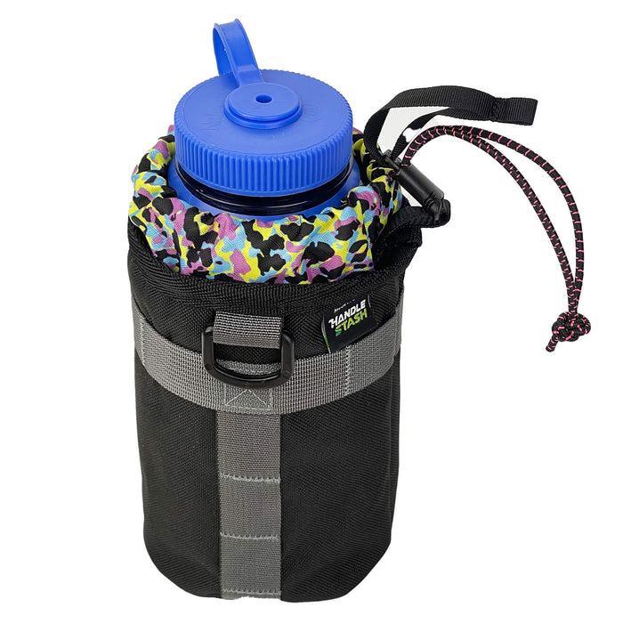 Black stem bag holding nalgene with neon camo liner -angle view.