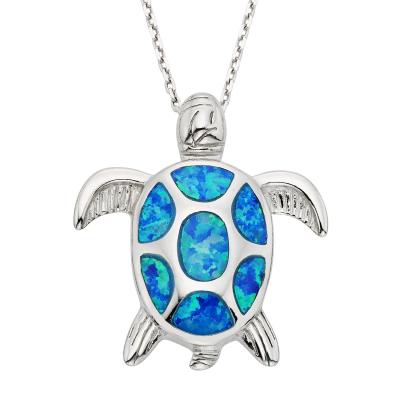 Sterling Silver Blue Inlay Created Opal Sea Turtle Necklace