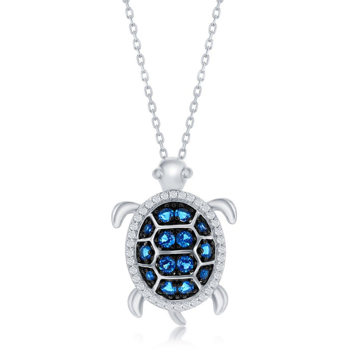 Sterling Silver Blue Spinel and White CZ Turtle Necklace (98712)