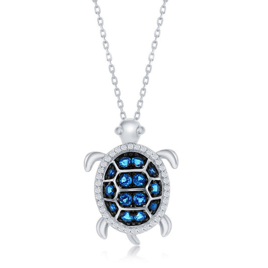 Sterling Silver Blue Spinel and White CZ Turtle Necklace (98712)