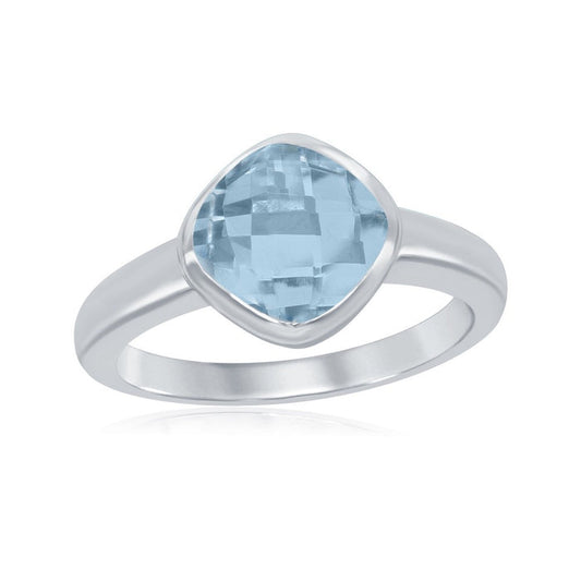 Sterling Silver Bezel Set Checkerboard Cut Blue Topaz Ring