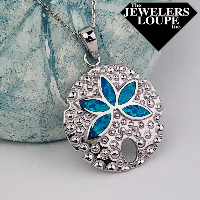 Sterling Silver Created Blue Opal Inlay Sand Dollar Necklace