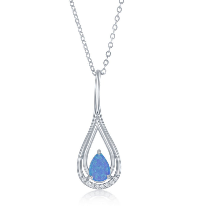 Sterling Silver Pear Shaped Created Blue Opal with Cubic Zirconia Accents Pendant on 18" Sterling Silver Chain.