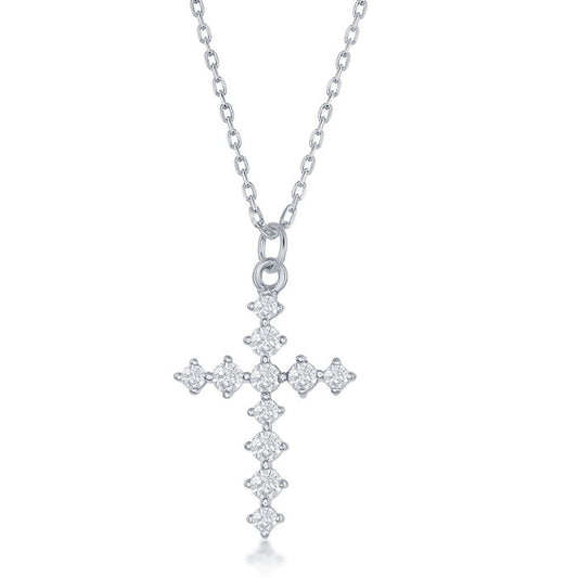 Sterling Silver CZ Cross Pendant on adjustable 16+2" Sterling Silver Chain.