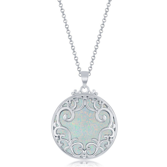 Sterling Silver Filigree with Round Created White Opal on 18" Sterling Silver Chain.