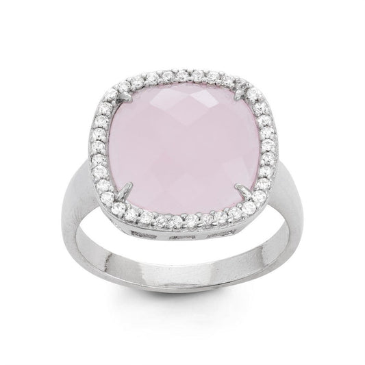 Sterling Silver Large Square Rose Quartz with CZ Halo Ring, Size 7 (