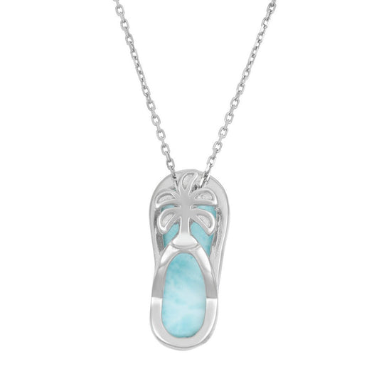 Sterling Silver Flip Flop with Larimar and Small Palm Tree Detail Pendant with 18" Sterling Silver Chain.