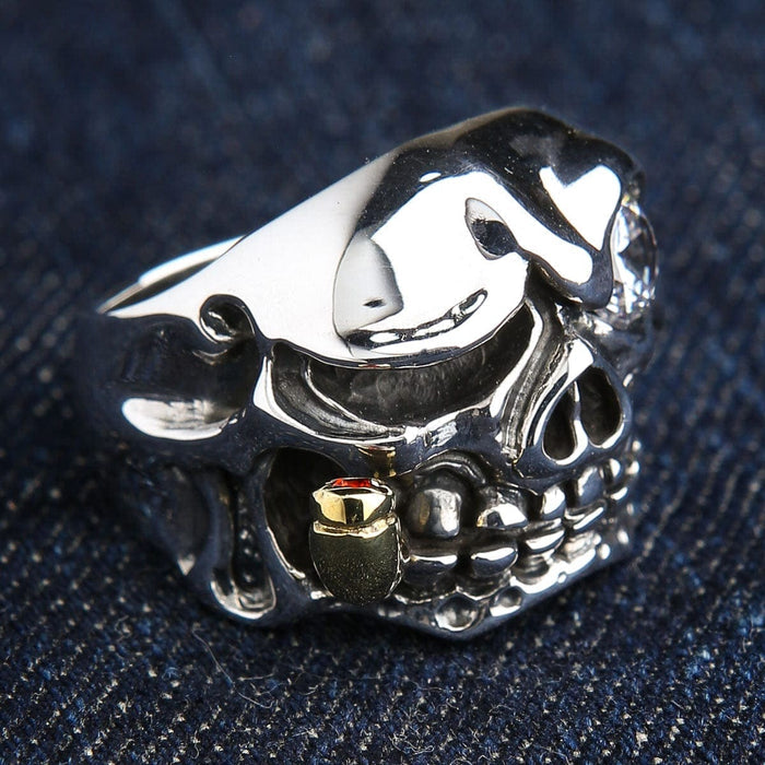 A side profile of the heavy silver biker ring, highlighting the detailed skull and pipe.