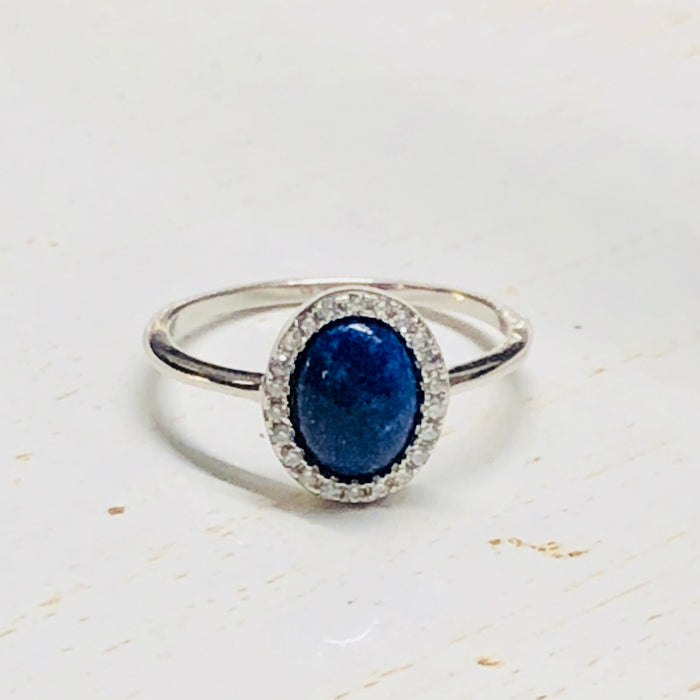Sterling Silver Oval Lapis and CZ Halo Ring, Size 6 (92460)