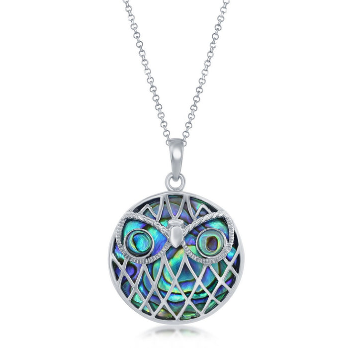 Sterling Silver Round Abalone with Owl Design Necklace with 18" Sterling Silver Chain.