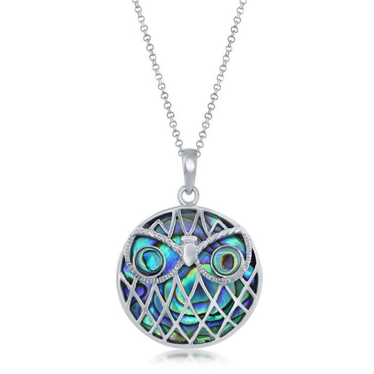 Sterling Silver Round Abalone with Owl Design Necklace with 18" Sterling Silver Chain.