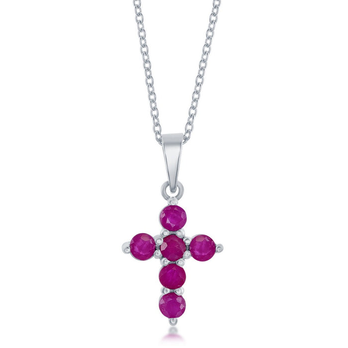 Sterling Silver Ruby Cross Pendant  on adjustable 16+2" Sterling Silver Chain.
