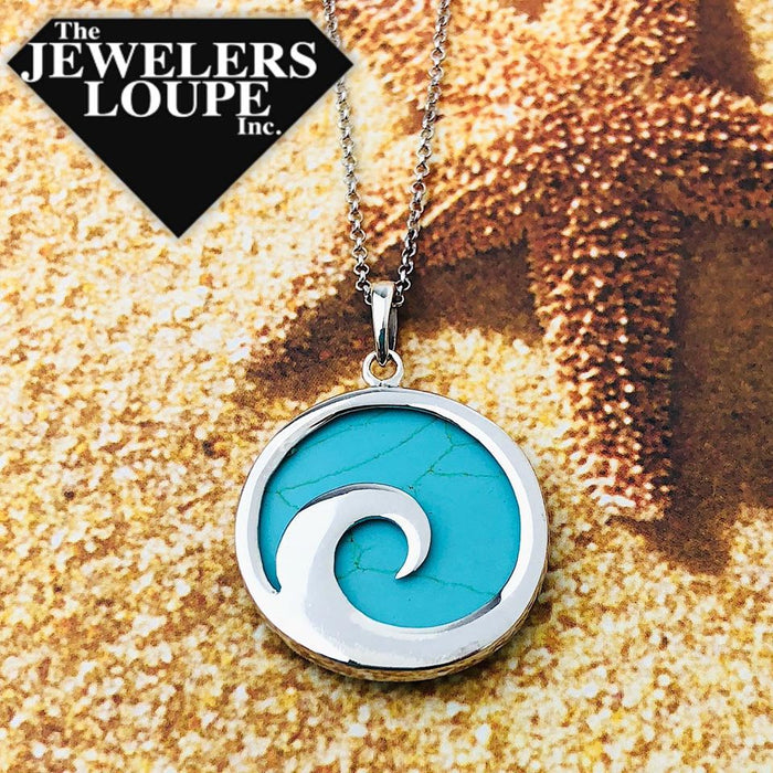 Sterling Silver Wave Design Round Turquoise Necklace on 18" Sterling Silver Chain.