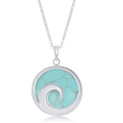 Sterling Silver Wave Design Round Turquoise Reversible Necklace (92146)