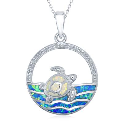 Sterling Silver White and Blue Created Opal Inlay Sea Turtle Pendant with 18" sterling silver chain.