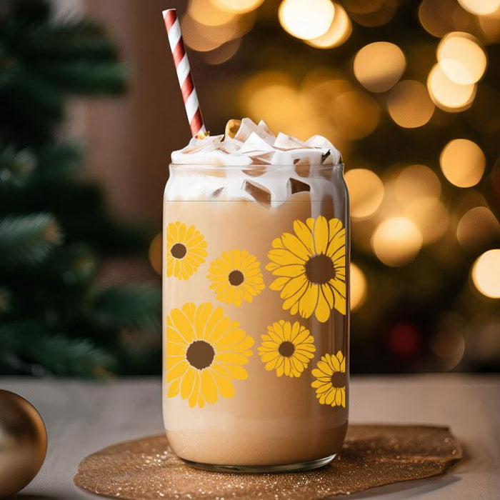 sunflower tumbler design on 16 oz Libby Glass Can, bright and cheerful gift idea