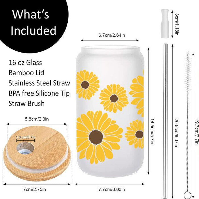 16 oz Libby Glass Can Tumbler featuring sunflower artwork, perfect gift for nature and flower enthusiasts