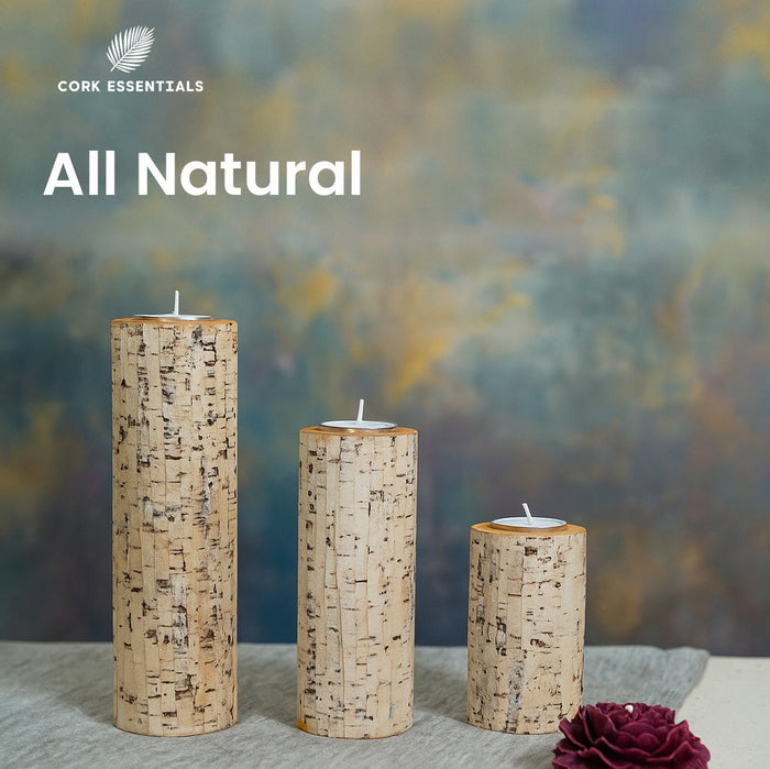 Three cork candles of different sizes on a textured surface with a blurred natural background, featuring the 'Cork Essentials' brand.