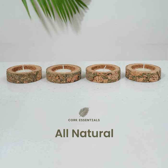 Four cork candles on a white surface with 'Cork Essentials' branding.