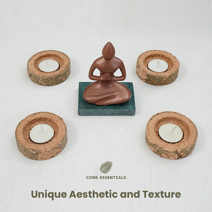 Cork candle holders and a small statue on a white background with 'Cork Essentials' branding.