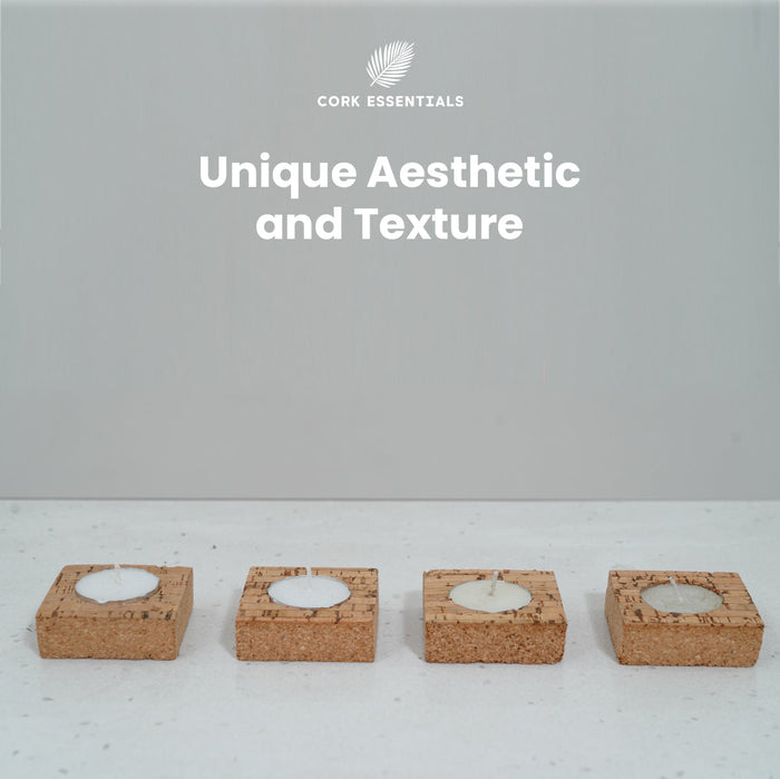 Four square cork candle holders with candles on a light gray background, featuring the brand 'Cork Essentials'.