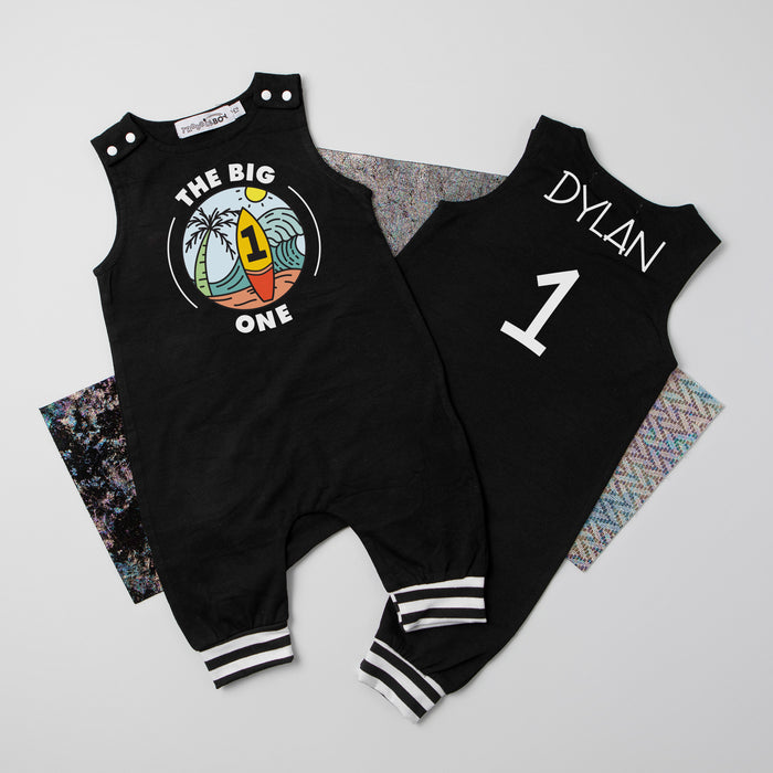 "The Big One" Surf-themed Personalized 1st Birthday Romper with Striped Cuff
