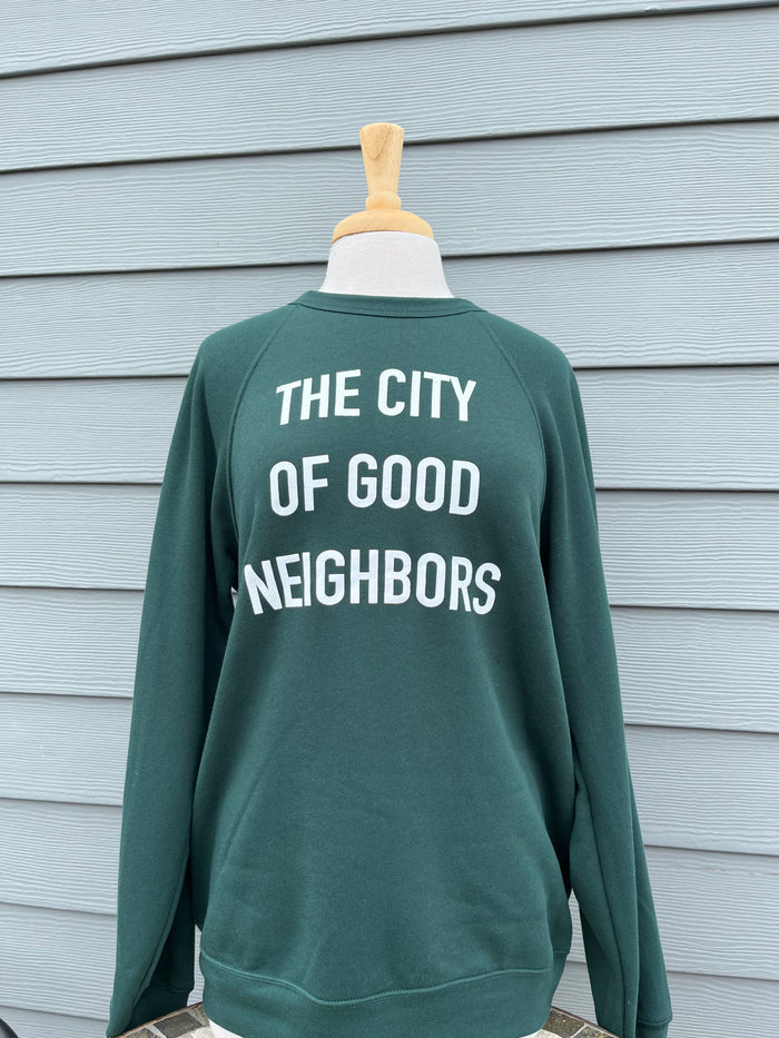 The City of Good Neighbors Sweatshirt - Forest Green + White - Molly + Kate