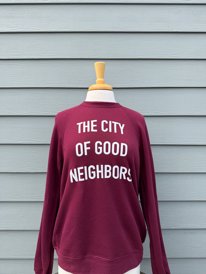 The City of Good Neighbors Sweatshirt - Merlot & White - Molly + Kate