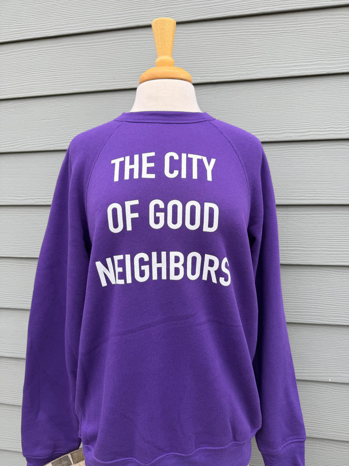 The City of Good Neighbors Sweatshirt - Purple & White - Molly + Kate